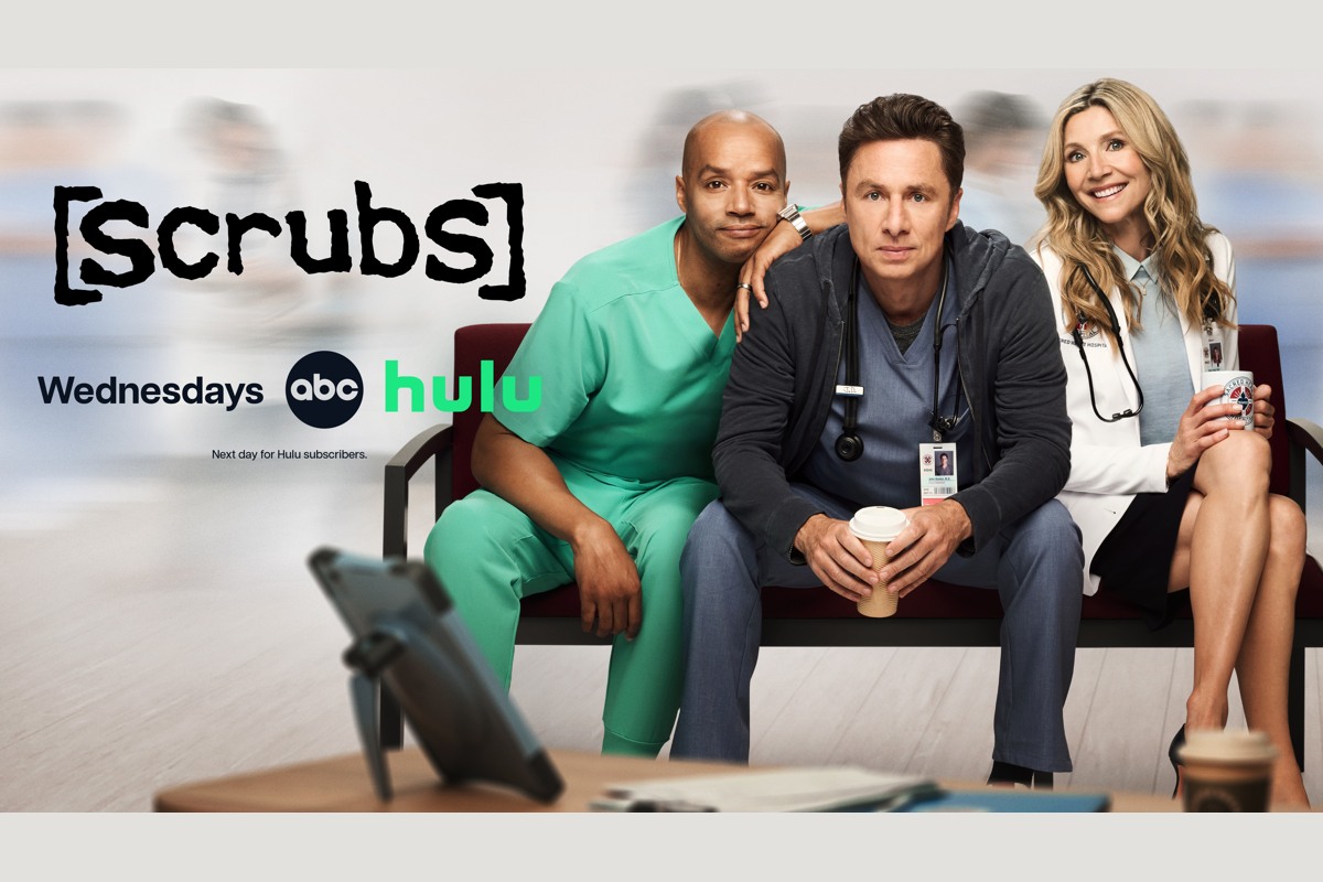 Donald Faison, Zach Braff und Sarah Chalke im offiziellen ABC-Werbemotiv zur zweiten Revival-Staffel von Scrubs.